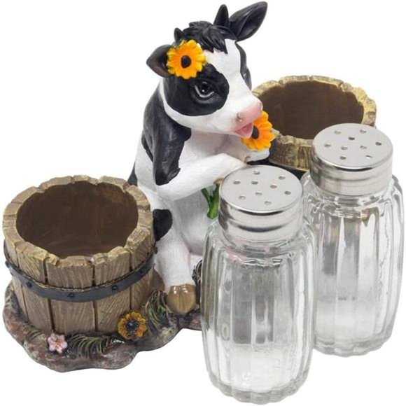 Decorative Holstein Cow Salt & Pepper Shaker Set with Old Fashioned Water Pails - Picture 3 of 5